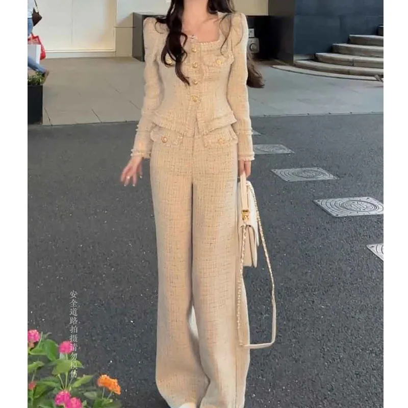 2024 Winter Women's Fashion and Temperament Square Neck Solid Color Long Sleeved Coat Autumn Commuter Office Leisure Comfort Set