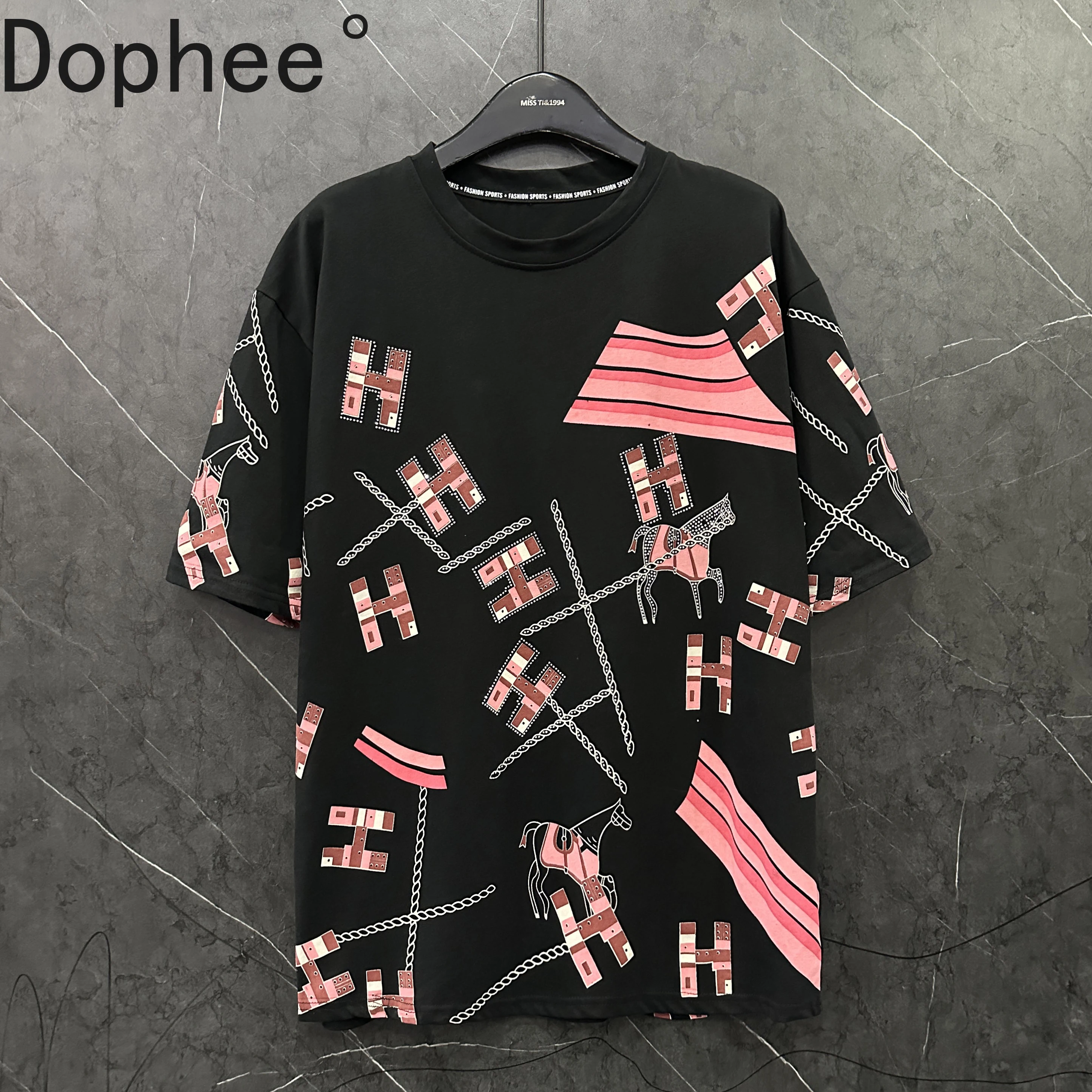 

Colorblock Diamonds Cartoon Printed Black Short Sleeve T-shirt New Spring Summer Loose O-neck Pullover Top Mid-long Basic Tees