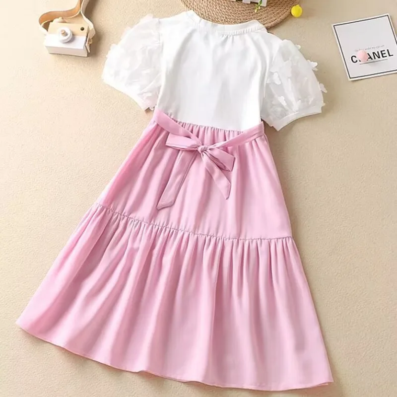 Sanrio Kuromi gaun anak perempuan lengan pendek musim panas gaun putri kartun pakaian pesta ulang tahun anak-anak kaus lucu kasual atasan