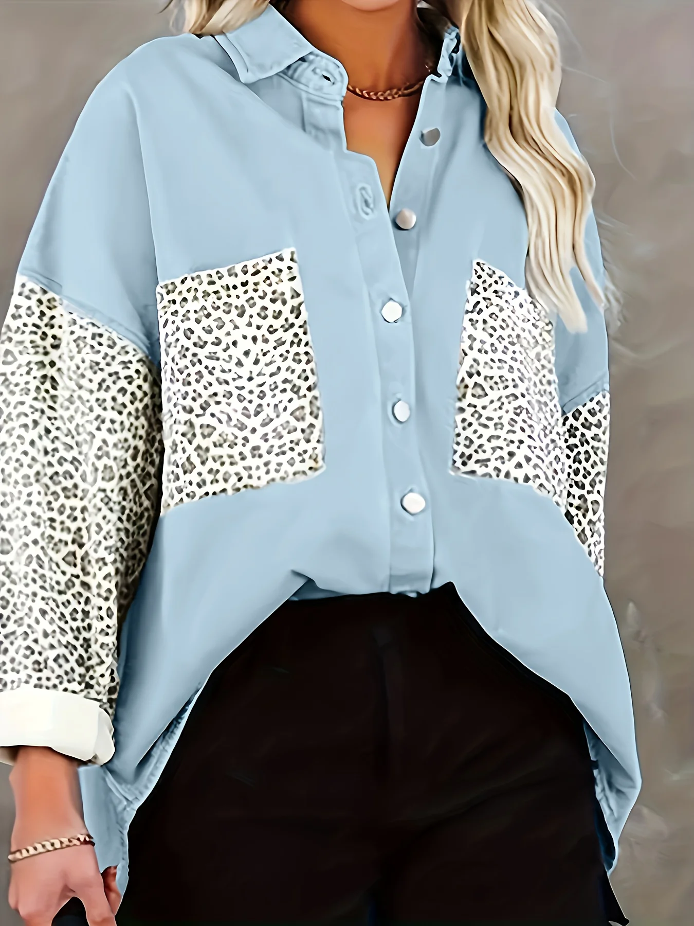 

New Arrival Women's Long Sleeve Pocket Leopard Print Flared Collar Sweater Shirts