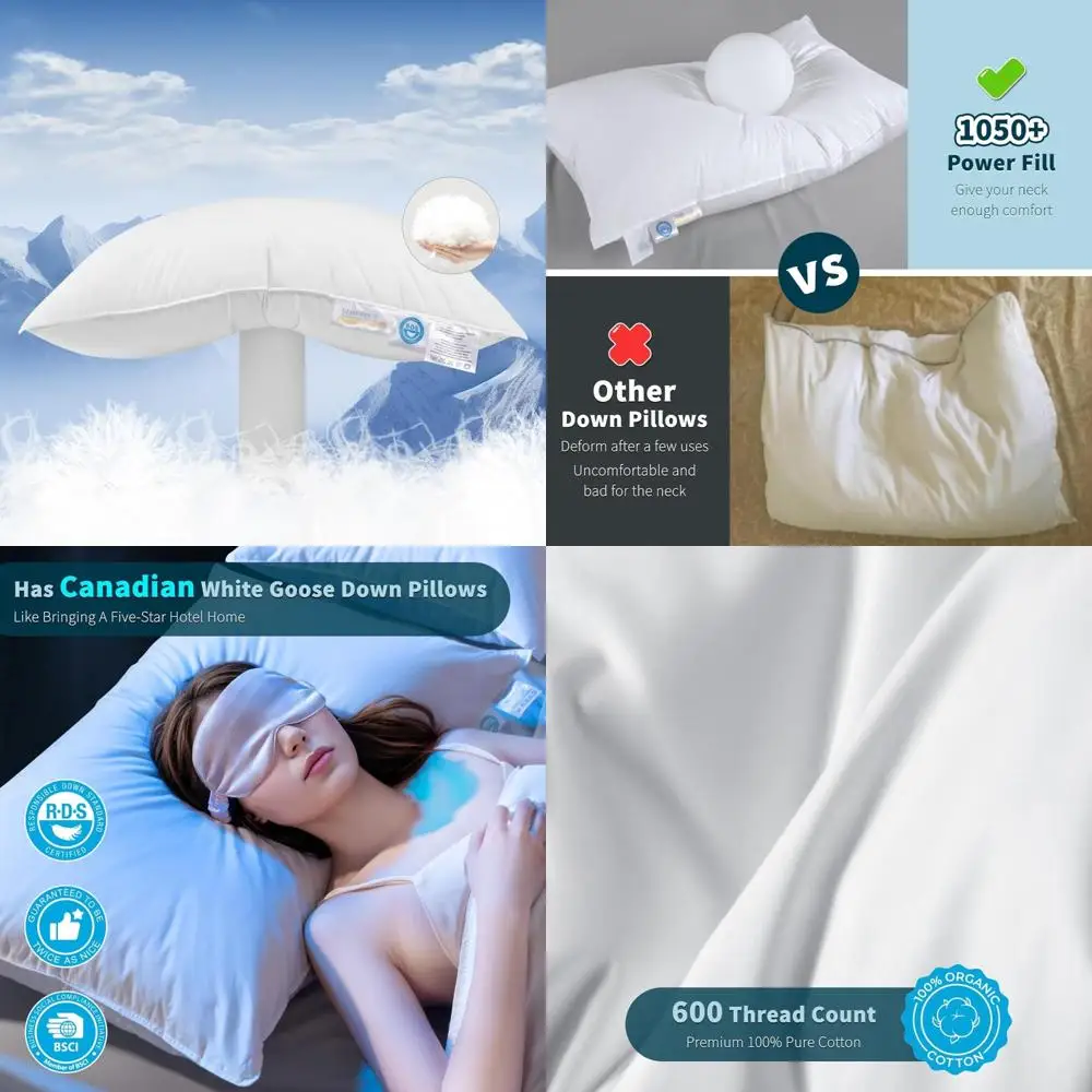 

King Size Canadian Goose Down Pillows Set, 1050 Fill Power, Ideal for Side Sleepers and Neck Pain Relief