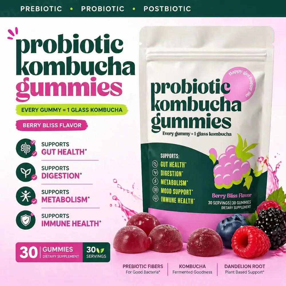 Gomitas Probióticas de Kombucha con Fibra Prebiótica, Sabor a Bayas Veganas, Suplemento Diario, Fórmula Digestiva, 30 Unidades