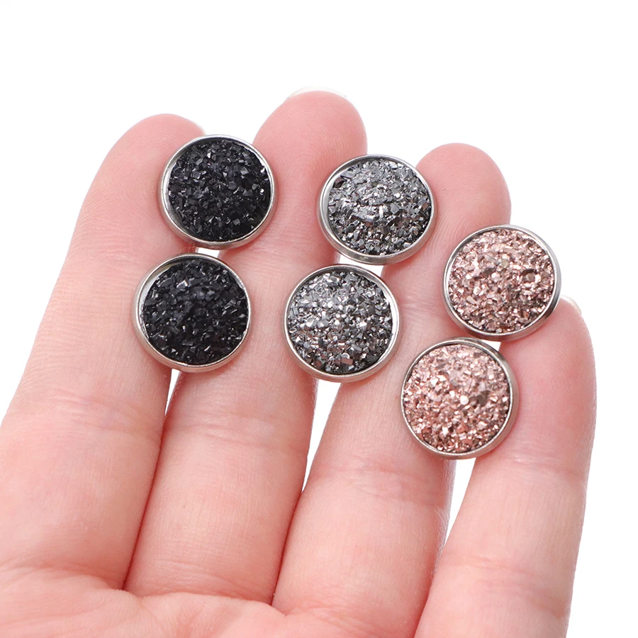 9pair/lot 9Colors Glitter  Round Stud Earrings Stainless Steel Jewelry for Women Colorful Resin Druzy Drusy Ear Studs Earrings