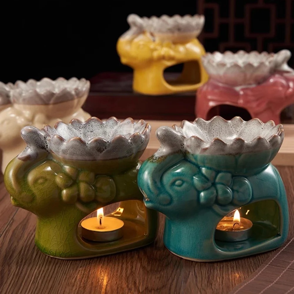 Ceramic Ice Cracking Lotus Incense Burner Elephant Shape Aromatherapy Essential Oil Aromatic Wax Diffuser Censer Home Decoration