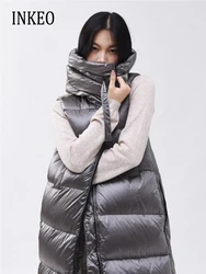 Luxury Sleevele vest Turtleneck down jacket for women 2023 Autumn winter Gray Brown Warm Long puffer coat Casual INKEO 3O231