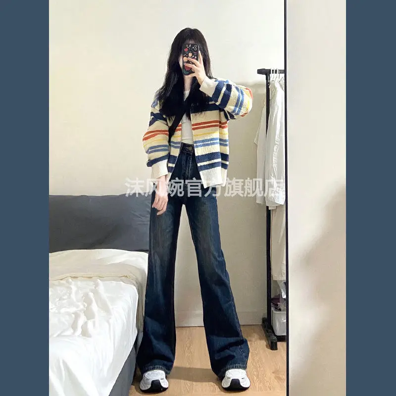 Spring and Autumn New American Retro Color Striped Knitted Long Sleeve Top+Jeans College Style Two Piece Set