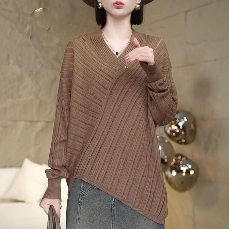 Autumn Winter New V-neck Long Sleeve Fashion Sweater Women High Street Solid Color Asymmetrical Pullovers Elegant All-match Tops