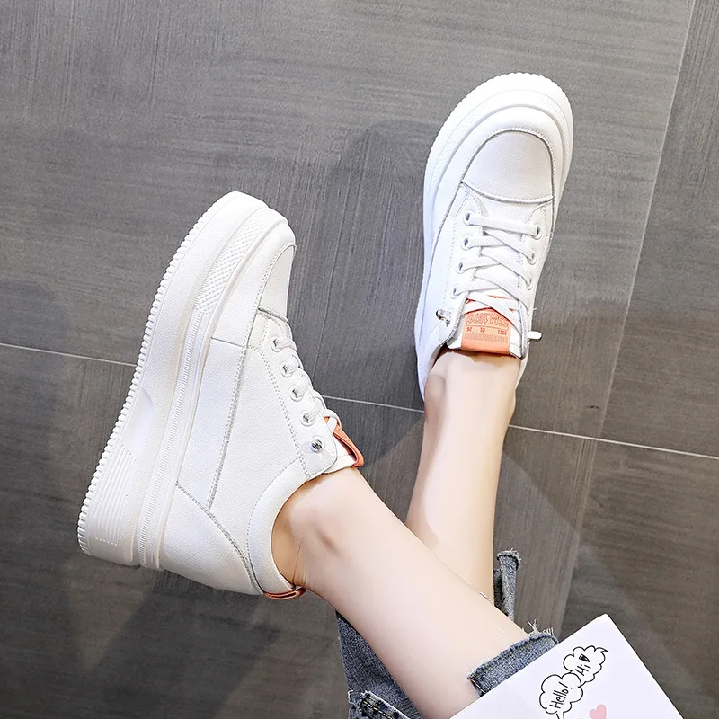 Fujin 2024  8.5cm Platform Wedge Sneakers Height Increased Shoes Genuine Leather for Women Spring Autumn Shoes White