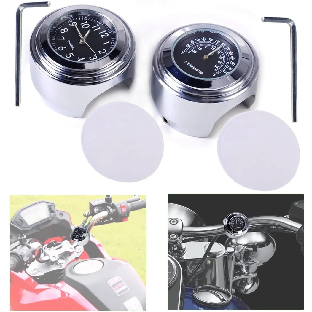 2PCS Motorcycle Quartz Clock and Thermometer 7/8Inch Waterproof Bike Handlebar Watch Aluminum Universal