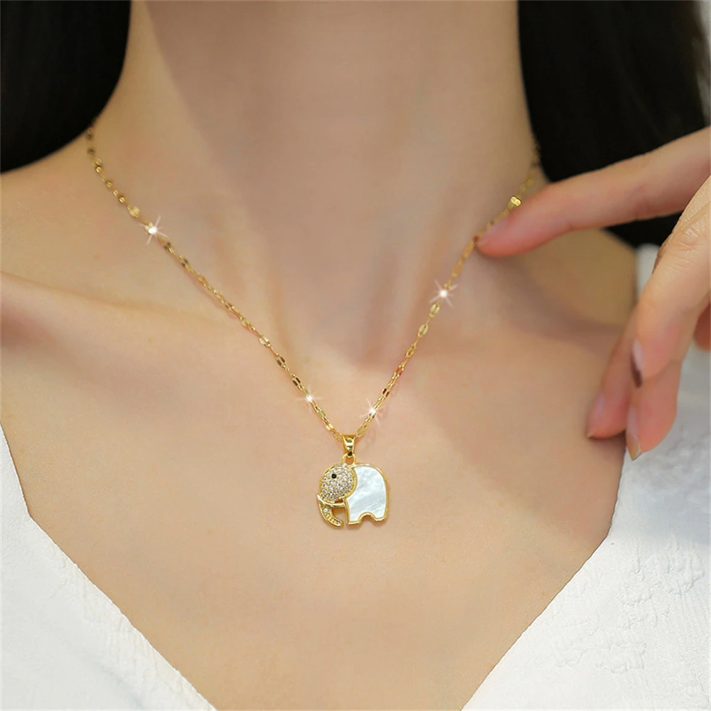 High Quality Zircon Shell Elephant Pendant Necklaces Luxury Rhinestone Crystal Jewelry Animal Collar Verano Acero Inoxidable