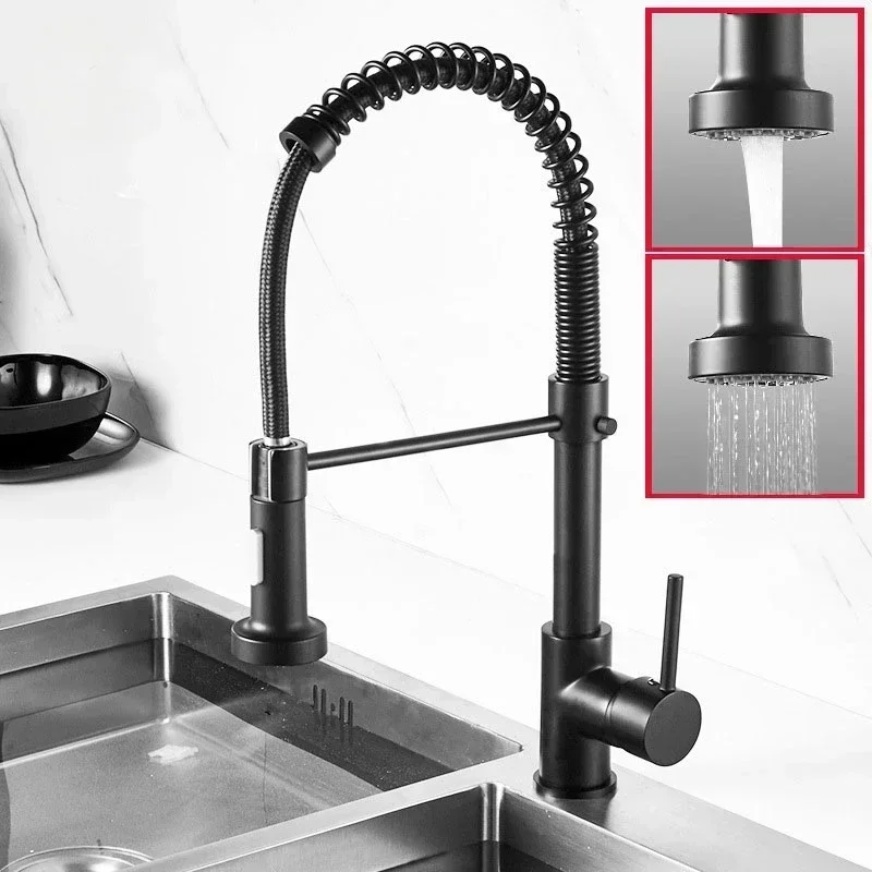 Black Kitchen Faucet Rotate 360Swivel Spring Pull-down Deck Mounted Mixer Hot Cold Water Sprayer Nozzle Single Hole Tap Bathroom