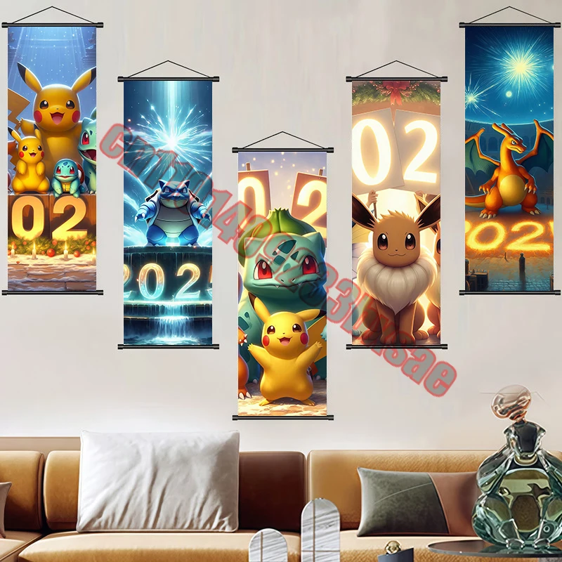 

Japanese Classic Cartoon Anime Pokemon Pikachu, Squirtle, Bulbasaur, Charizard Scroll Painting Suitable for Bedroom Decoration