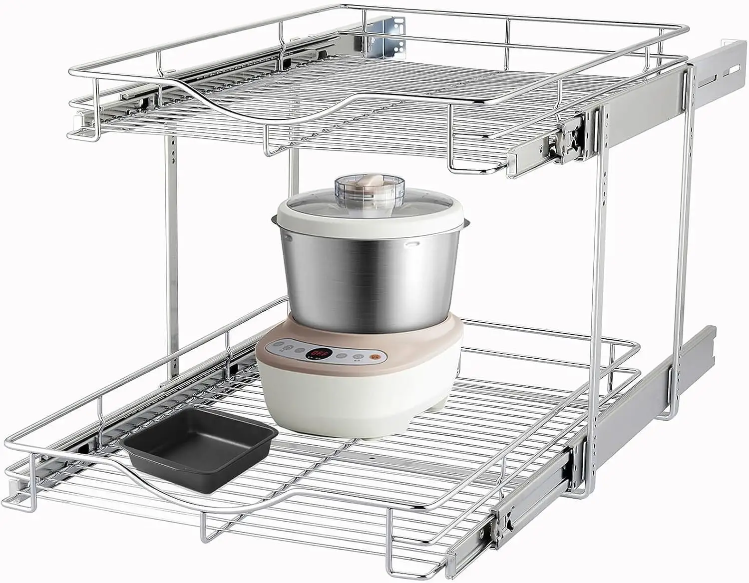 2 Tier Pull Out Cabinet Organizer - Heavy-Duty Metal Sliding Drawer Shelf for Kitchen, Pantry, Bathroom, Chrome Finish