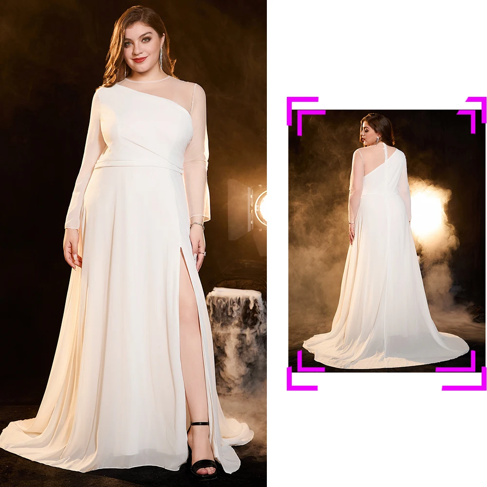 Plus Size Women White Dresses Ladies Long Elegant Patchwork Dresses Satin Long Sleeve Party Dress Sexy Slit Formal Chiffon Dress