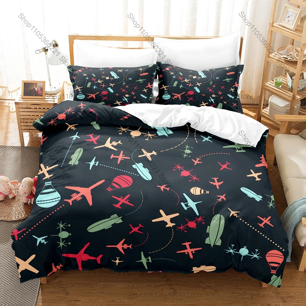 Cute Kawaii Airplane Printed 3PCS Bedding Set, Fun Aviation Design Duvet Cover & Pillow Shams for Bedroom Dorm Room Decoration