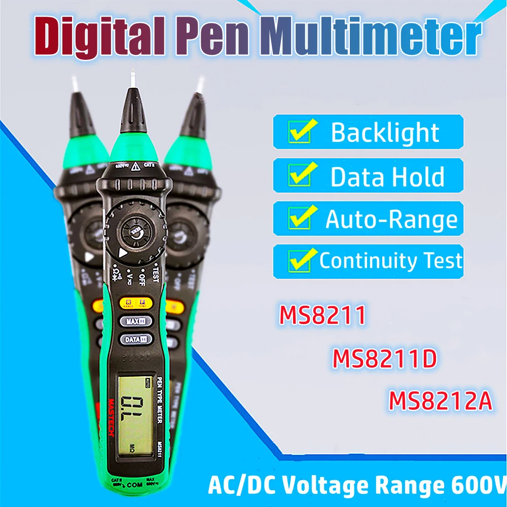 Mastech MS8211 MS8211D MS8212A Pen Type Digital Multimeter Pocket Non-Contact AC/DC Voltage Current Resistance Continuity Tester