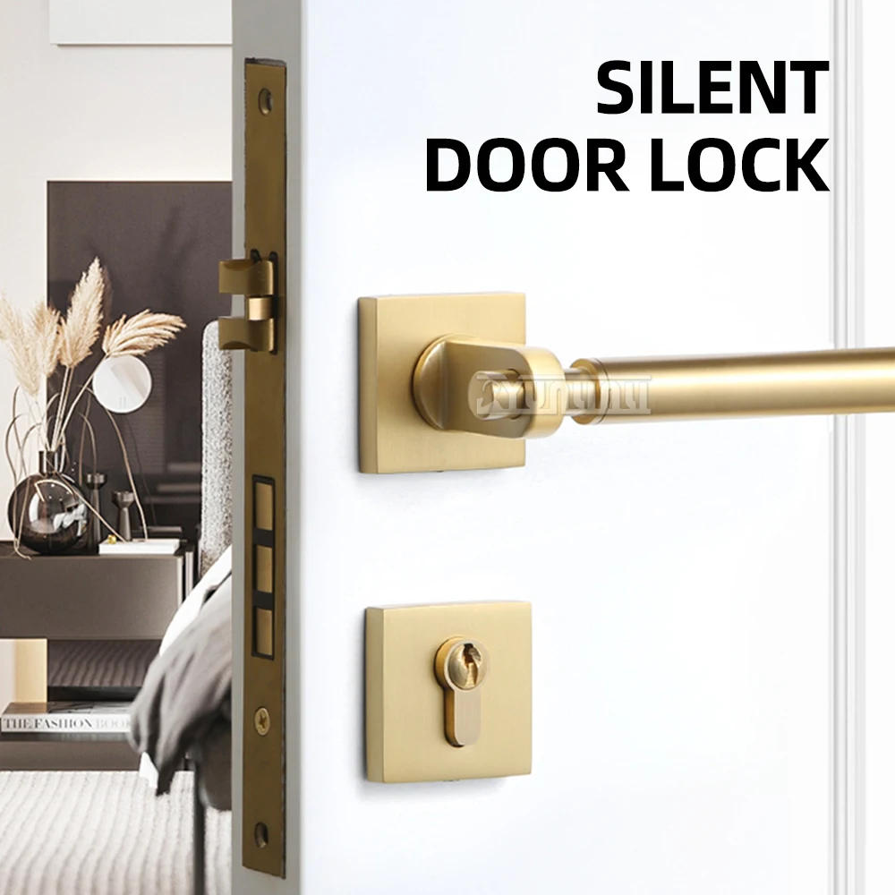

Латунный бесшумный дверной замок для спальни, современный разделенный дверной замок, скандинавский минималистичный золотой дверной замок из цельного дерева, замок с ручкой