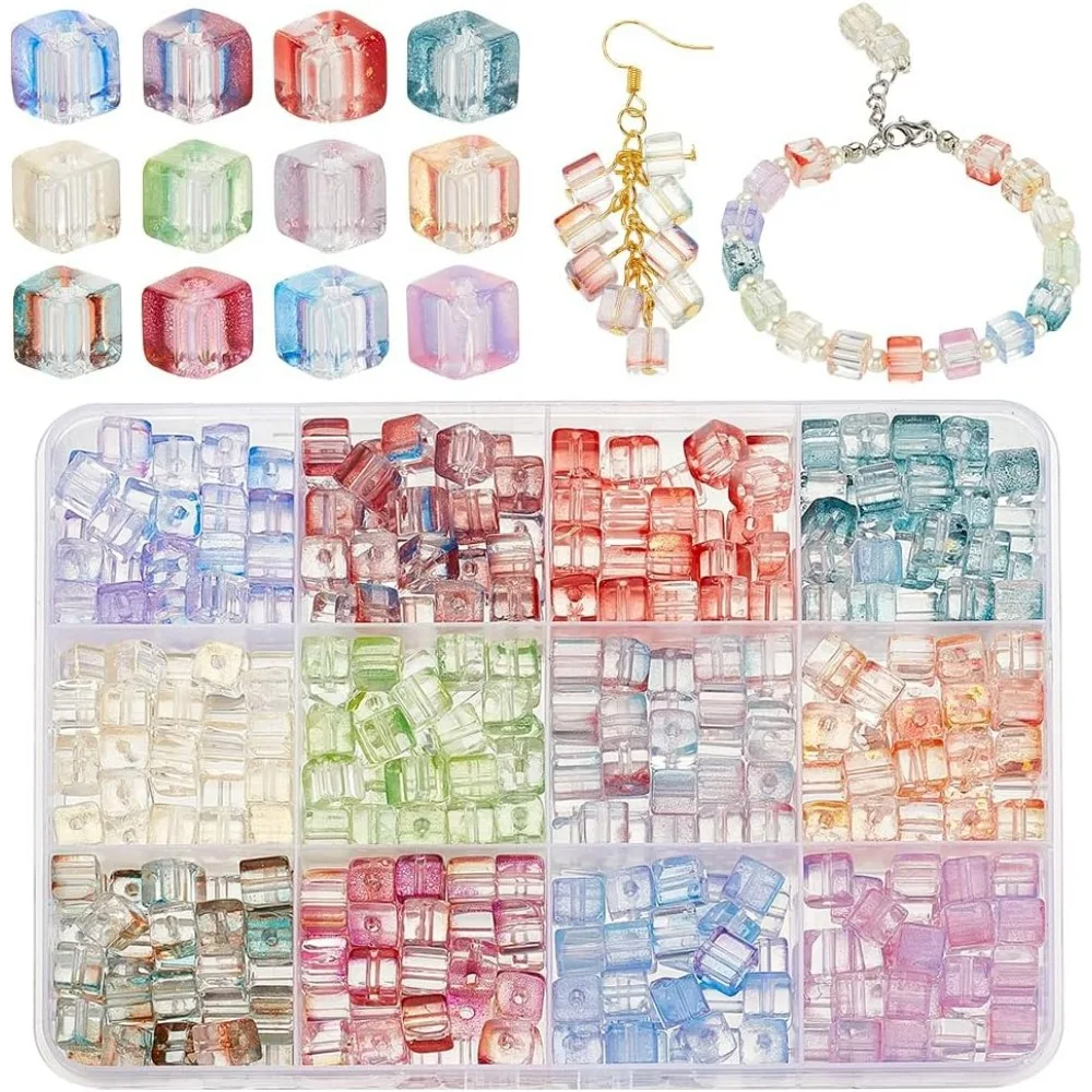 420pcs Cube Glass Beads 12 Colors 8mm Crystal Spacer Beads Square Glass Beads Transparent Baking Paint Loose Cube making kit