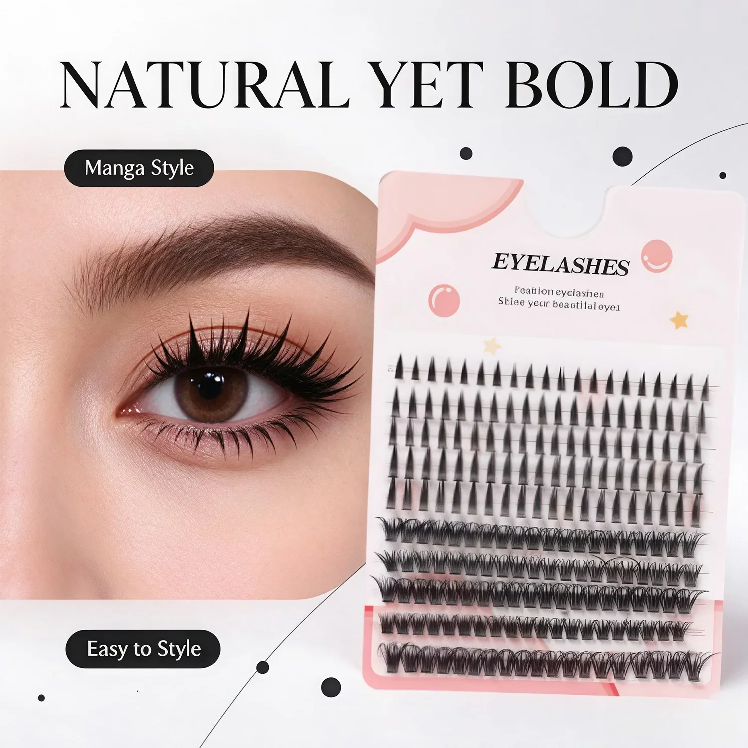 Large capacity mixed clustered upper eyelashes with thick tufted hair, pointed and fine lower eyelashes, hand tufted hair