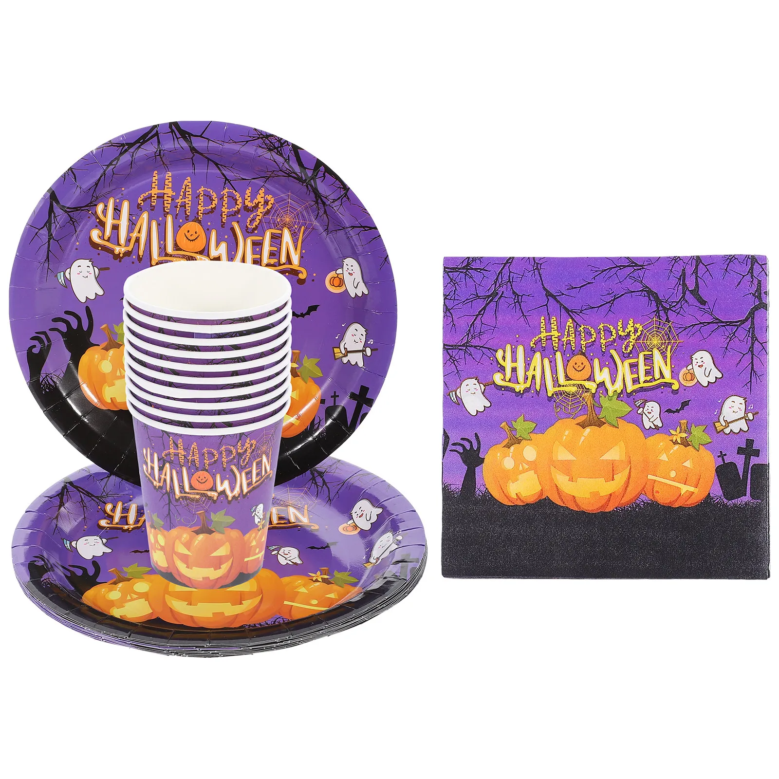 1Set Halloween Party Tableware Set Safe Paper Dinnerware Kit with Spooky Decorative Patterns for Halloween Thanksgiving Fall
