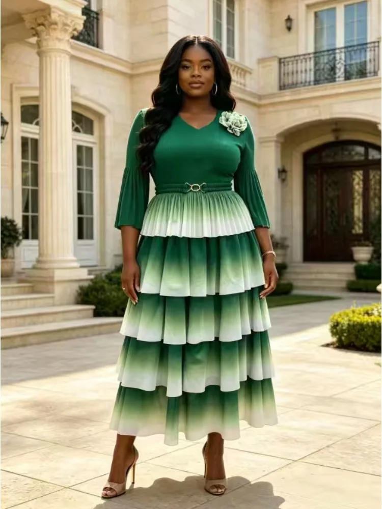 2026 Miyake Cake Skirt Fake Two Pieces Pleated Gradual Change Elegant Temperament New Dress Women's New