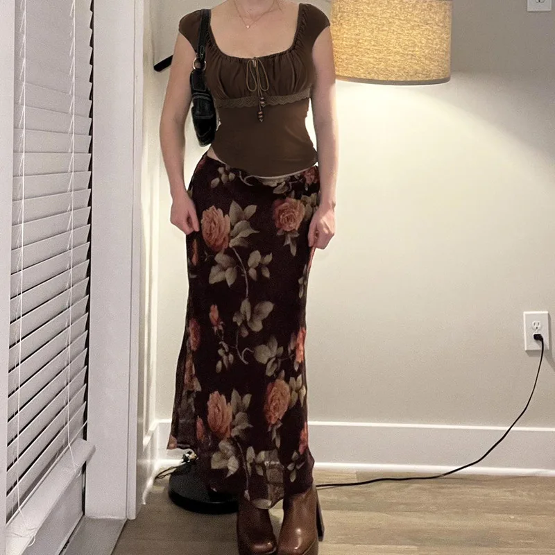 

Women Floral Print Mesh Skirt A-Line Mini Skirt Thin Summer Holiday Style Gentle Colors Cross-Border European And American