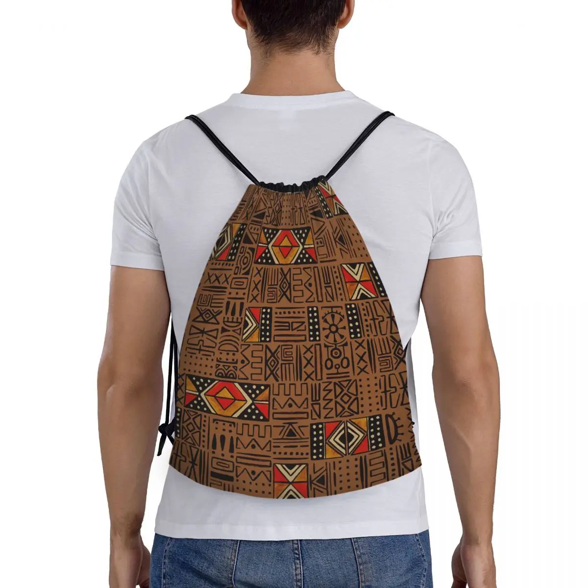 

African Bogolan Africa Ethnic Tribal Art Backpacks Portable Drawstring Bags Sports Bag Book Bags for Travel School
