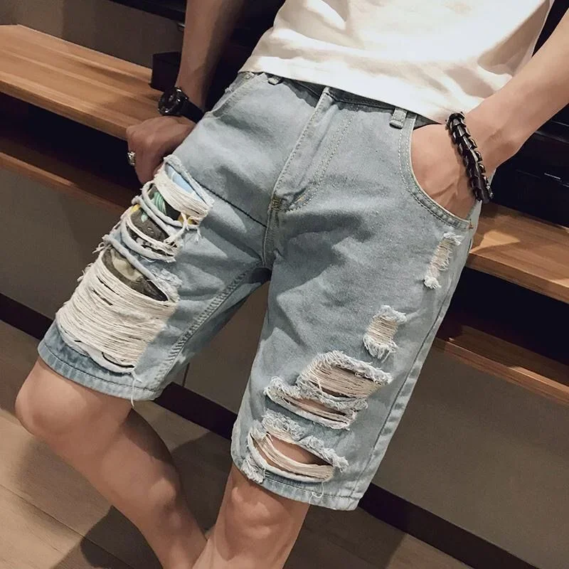 Male Denim Shorts Ripped with Text Men\'s Short Jeans Pants Multi Color Sale Retro Streetwear Stretch Jorts Vintage Xl Harajuku