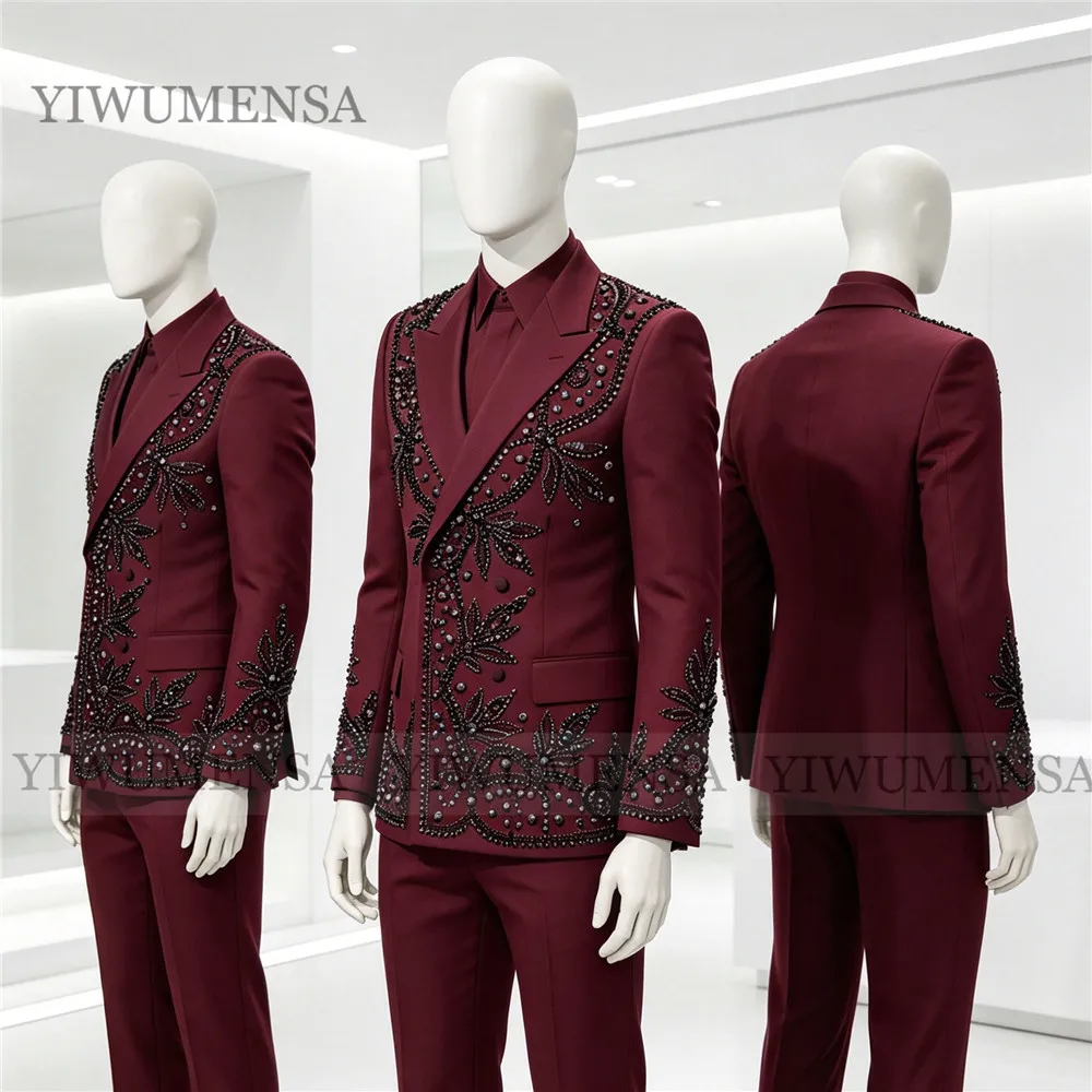 

Black Beaded Stone Wedding Groom Tuxedos Burgundy Double Breasted Jacket Pants 2 Piece Sets Suit Man Slim Fit Terno Masculinos