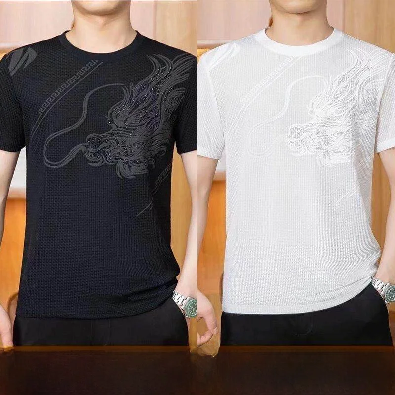 Summer New Ice Silk Thin Short Sleeve T-Shirt Men's round Neck Half Sleeve Versatile Print Body Shirt Bright Thread Polyester...