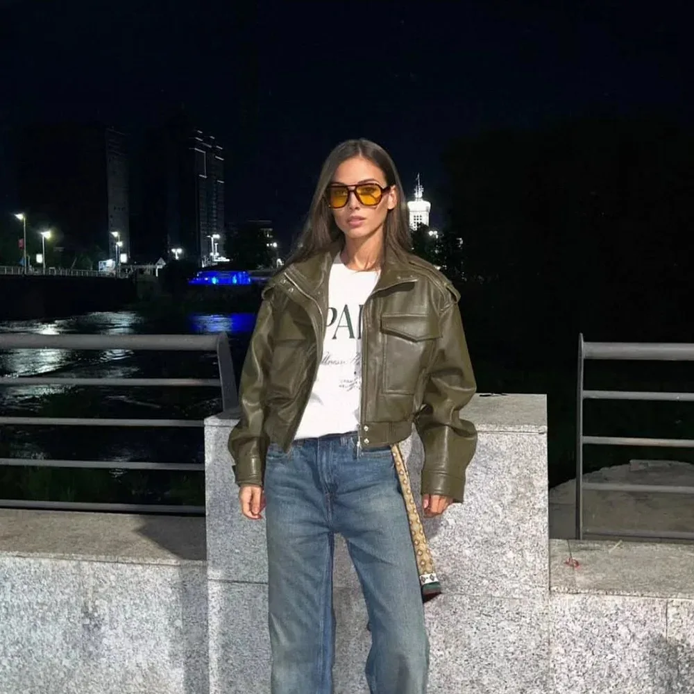 KONDALA 2025 Fall Winter Green Faux Leather Women Jackets Fashion Epaulet Zip Up Vintage Country Style Chic Ladies Jackets