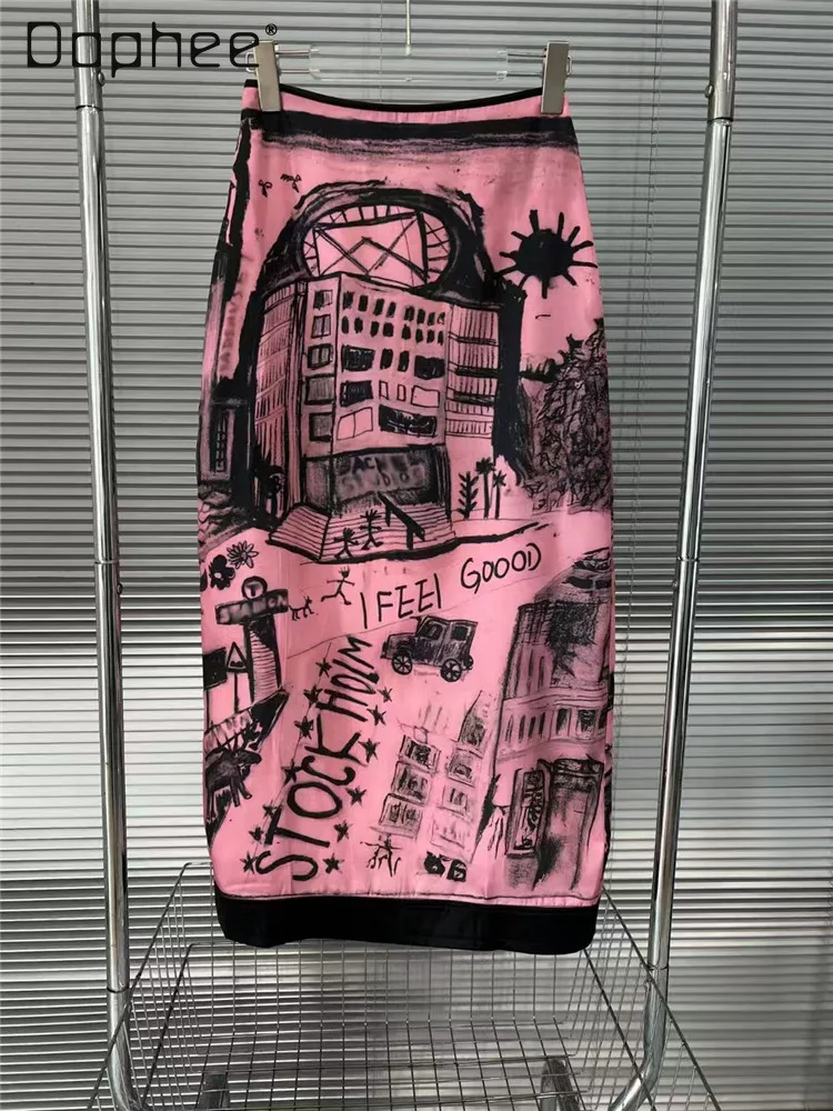 

2025 Spring Summer New French Retro Printing High Waist Slim Skirt Women Street Hot Girl Y2K A-line Skirts Goth Mid-length Skirt