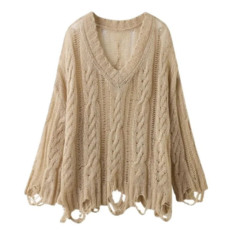 Hollow-out Knit Sweater Ripped Long Sleeve Smock Sun Protection Top To Wear