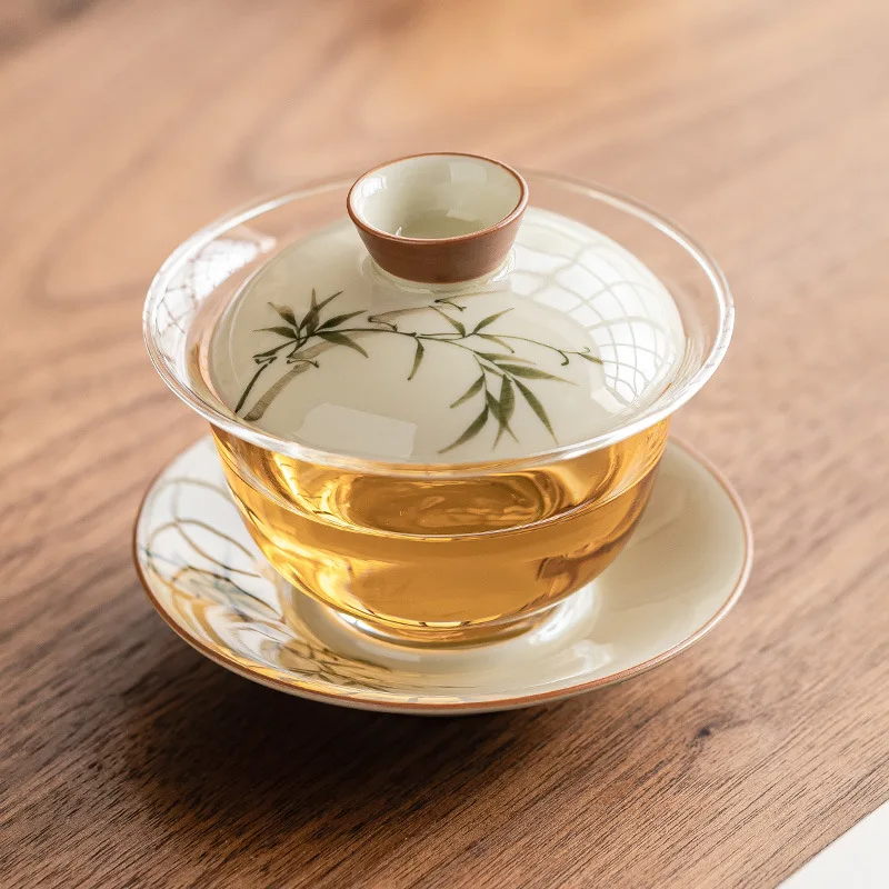 

LTT Hand Painted Emerald Green Bamboo Tea Bowl with Lid Home Kung Fu Brewing Tea Bowl Ceramic Gai Bowl