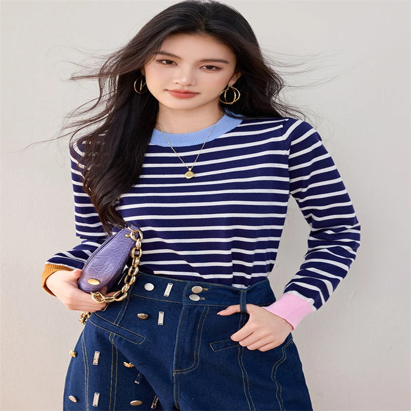 WAKUTA French Retro Round Neck Long Sleeve Treasure Blue Striped Knit Sweater Casual Slim Commuter Soft Pullovers Кофта Женская