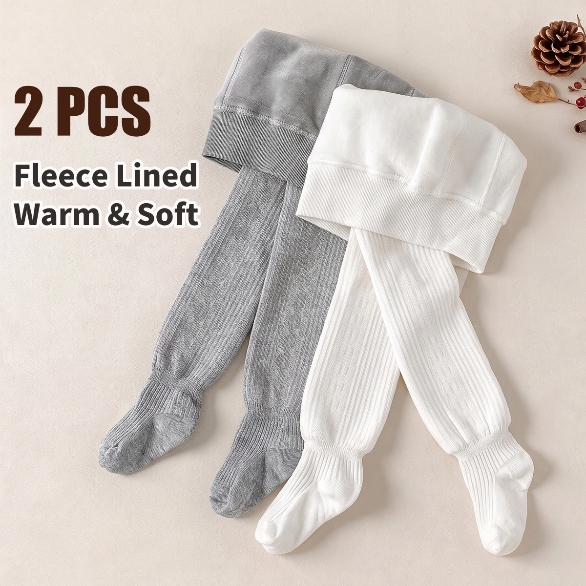 2PCS Kids Thick Fleece Integrated Tights, Solid Color Cable Knit Stretch Footed Leggings, Multi Colors