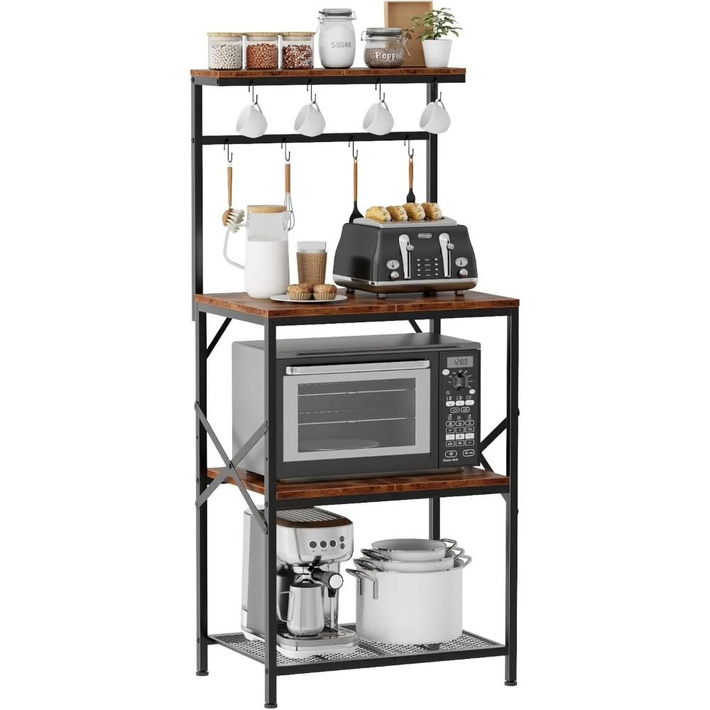 

Kitchen Bakers Rack with Storage Shelves, Small Coffee Bar Table with 8 Hooks, 4 Tiers Microwave Stand Station