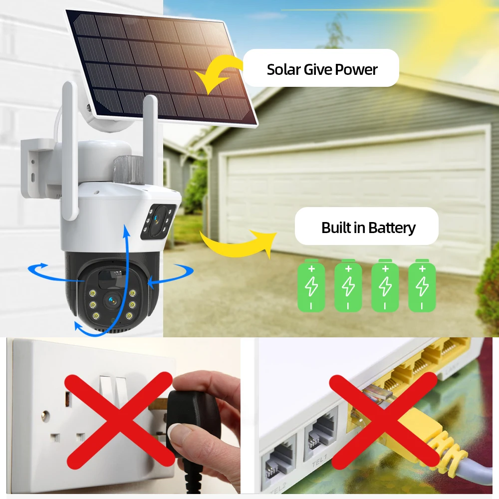 4K WIFI Solar Panel Camera Wifi Outdoor CCTV 8MP Camara PIR Humanoid Detection Night Vision Security Protection Built in Battery