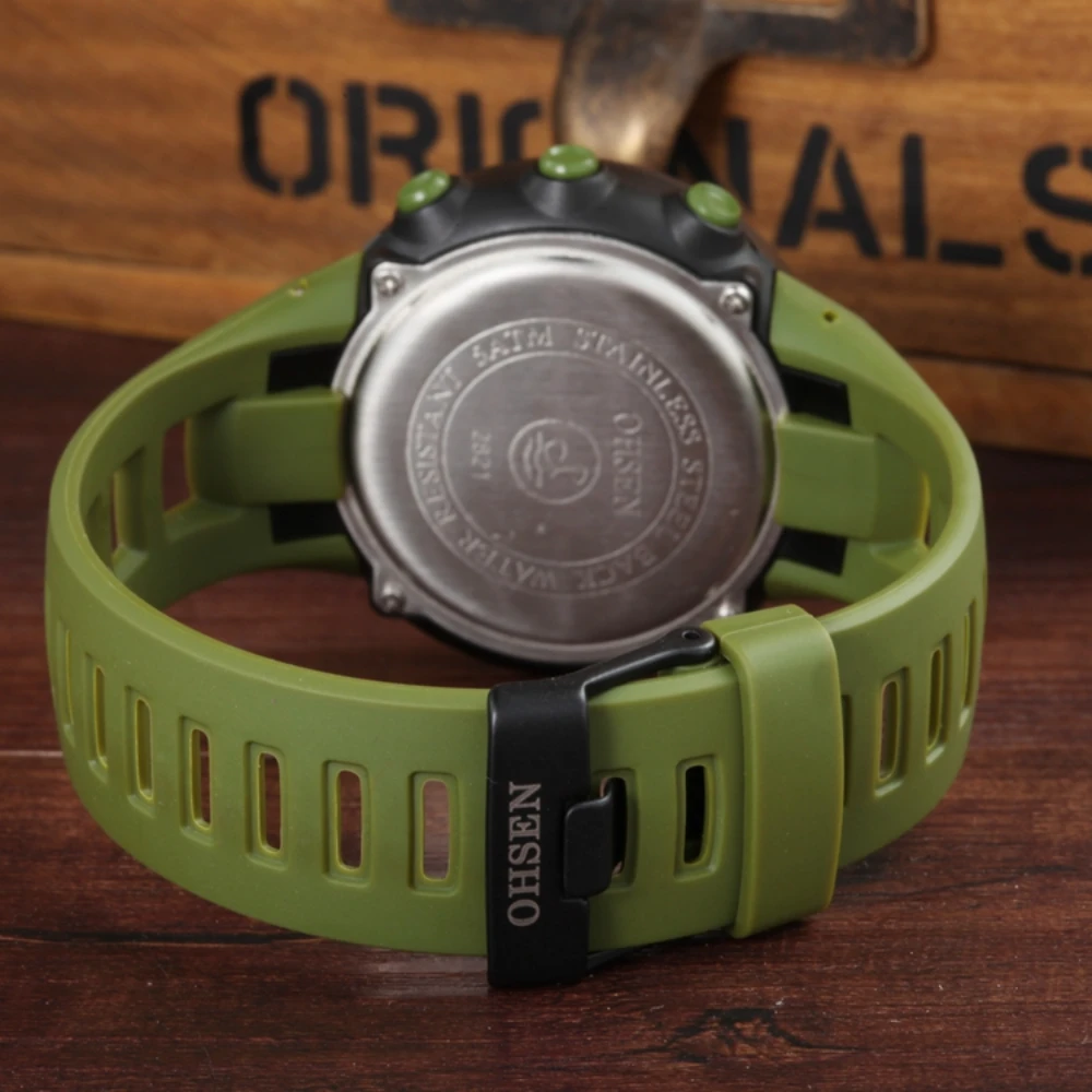 OHSEN LCD Digital Watch Men Women Outdoor Sport Watches 50M Waterproof Fashion Army Green Rubber Band Wristwatch Clocks Gifts