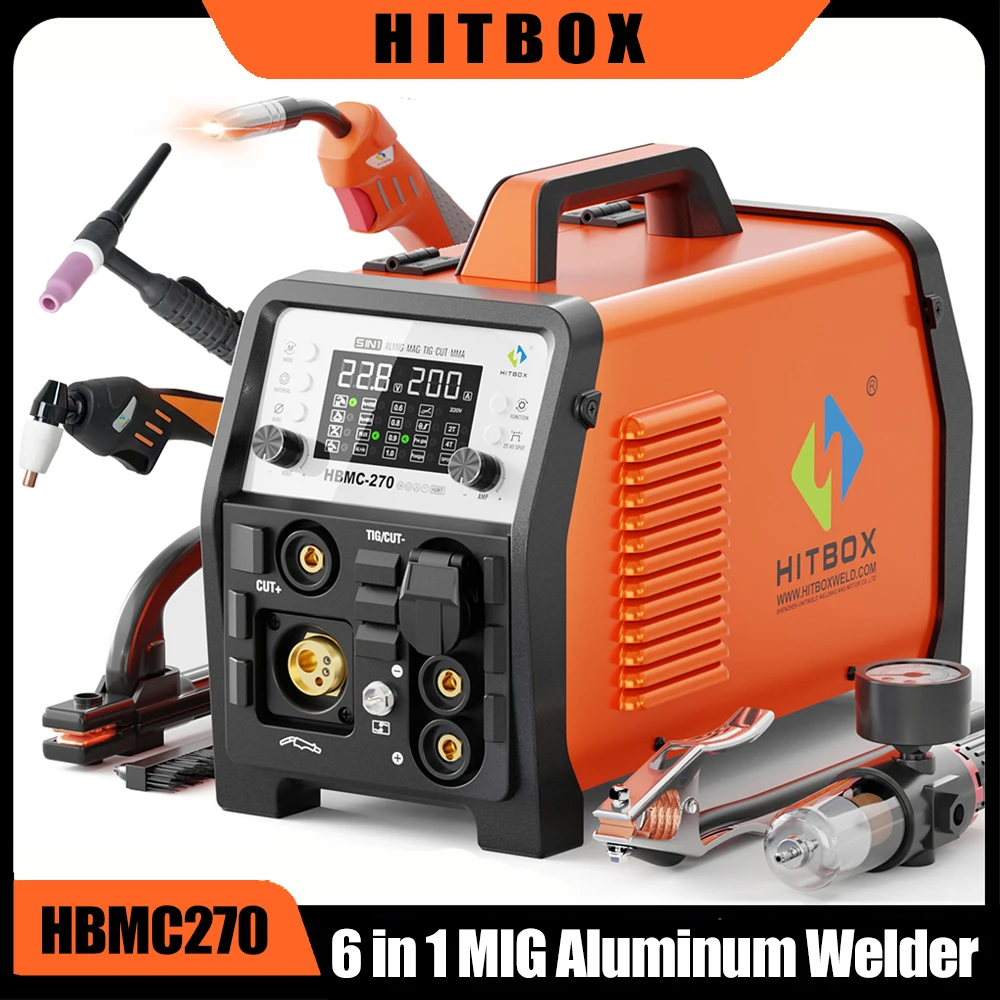 HITBOX 270A 6 en 1 Machine à souder l'aluminium MMA/MIG sans gaz/MIG à gaz/HF TIG/soudeuse par points/coupeur Plasma 2T/4T soudeuse multi-processus