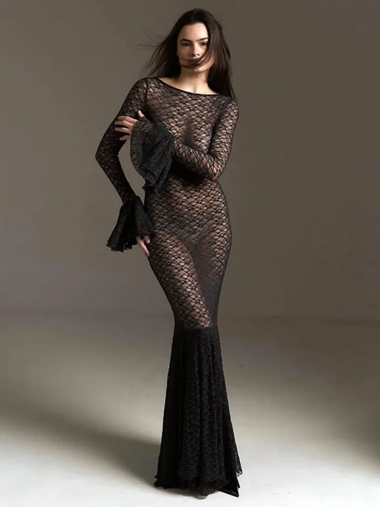 DSMTRC Summer Tight Lace Fishtail Long Dress Vacation Party Club Sexy Long Sleeved Lace Flare Sleeves Perspective Women's Dress