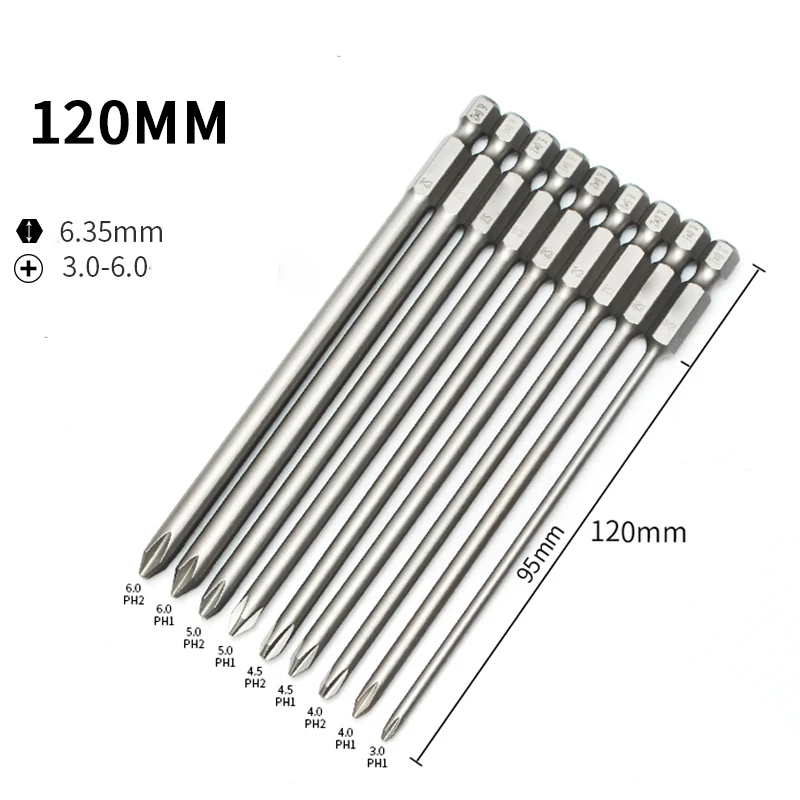 

120mm Length S2 Steel 1/4' Hex Shank Electric Phillips screwdriver bit magnetic Cross-headed wind drill head PH1 PH2 Hand Tools