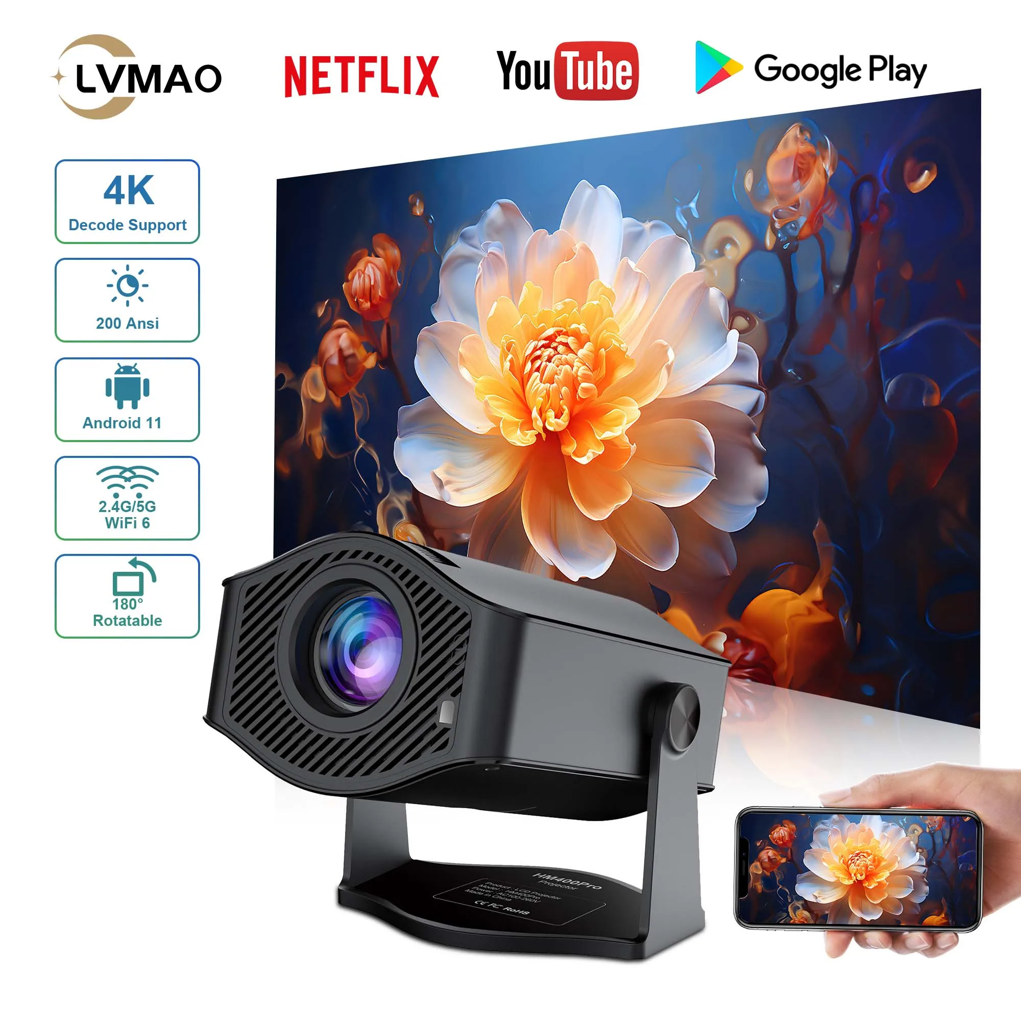 

LVMAO Projector HM400 PRO 4K Android 11 Dual Wifi6 200 ANSI Allwinner H716 BT5.2 180° 1280*720P Home Cinema Outdoor Projetor