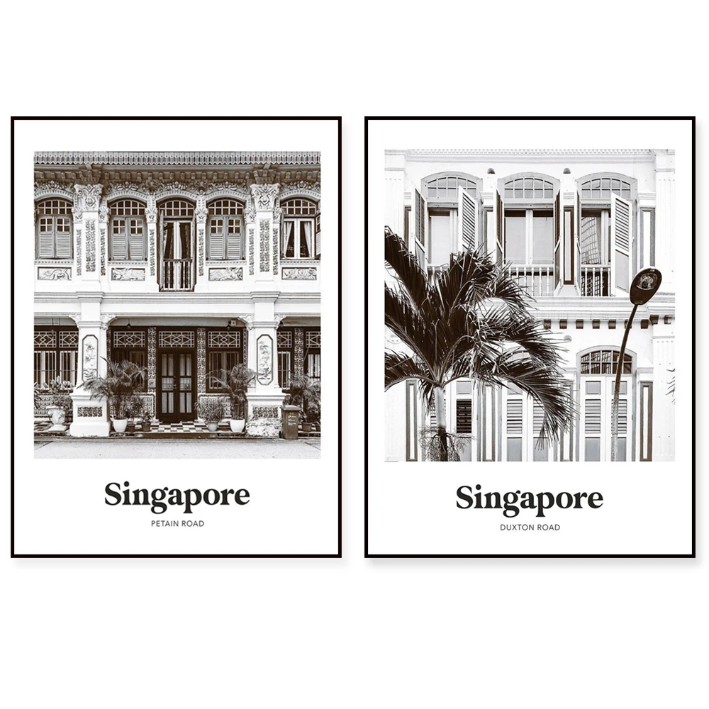 Black and White Singapore, Duxton Hill, Colonial Houses, Alexandra Park, Marina Bay Sands, Shophouses, Asia Travel Poster Print