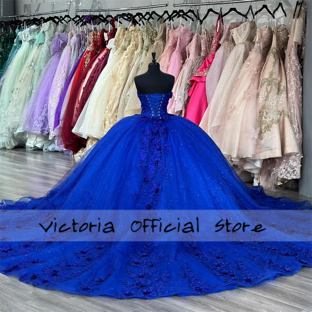 Fascinating King Blue Lace Applique Quinceanera Dresses Ball Gown 3D Flowers Mexican Birthday Lace Up Sweet 15 16 Dress Luxury