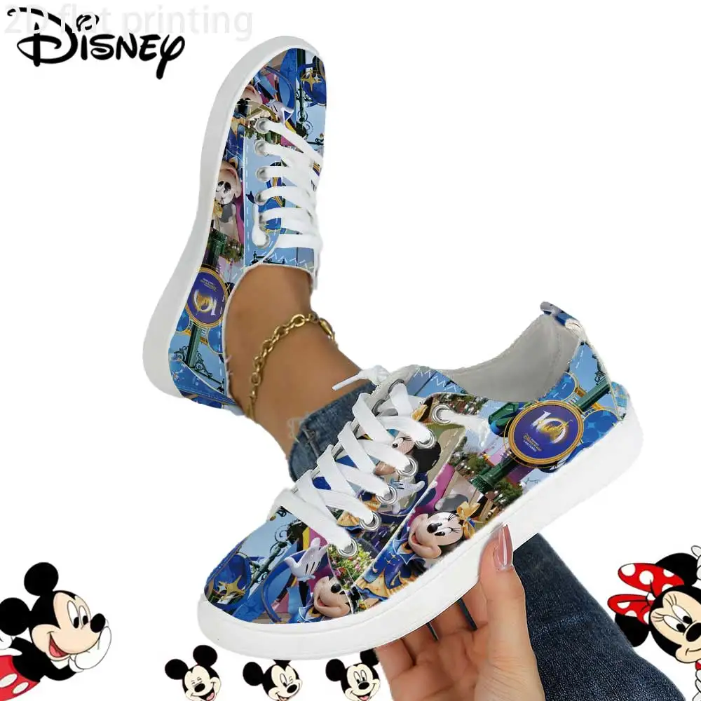 

Officially Licensed Disney 100th Anniversary Low Top Canvas Sneakers – Mickey & Minnie Park Scene Print, Breathable Casual Shoes