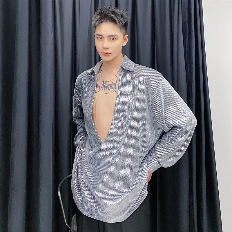 

Sexy Deep V Sparkling Bead irt Club Performance Stage Costume ex Long Sve Loose Fit Youthful ular Pure Color irt