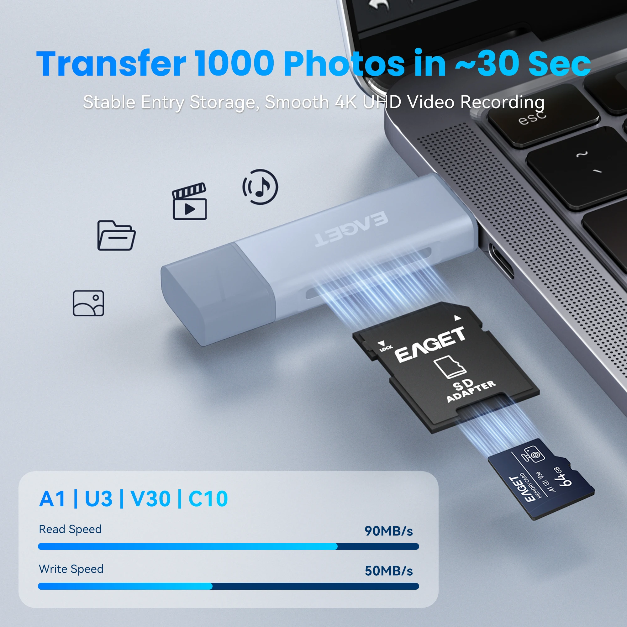 EAGET TF SD Card A1 U3 V30 32GB 64GB 128GB With SD Adapter Single or 3‑Pack Memory Card for Dashcam Action Camera Drones