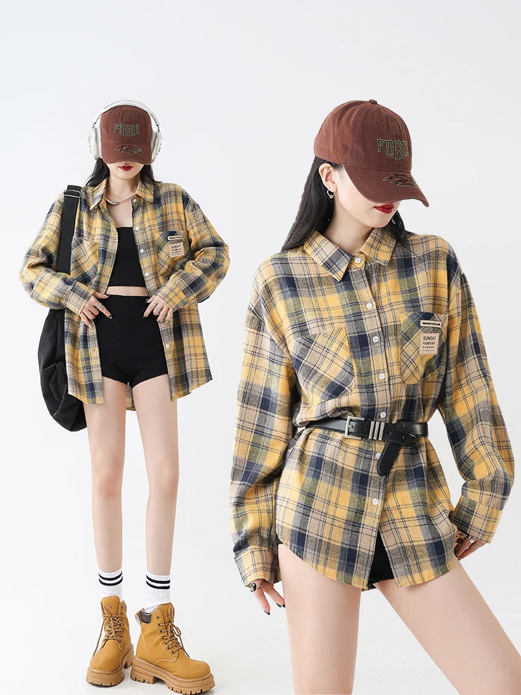 

Leaf Xiaowu Women's Long Sleeve Plaid Shirt Loose Fit Sun Protection Outerwear Hip Hop Retro Yellow Grid Cotton Collar