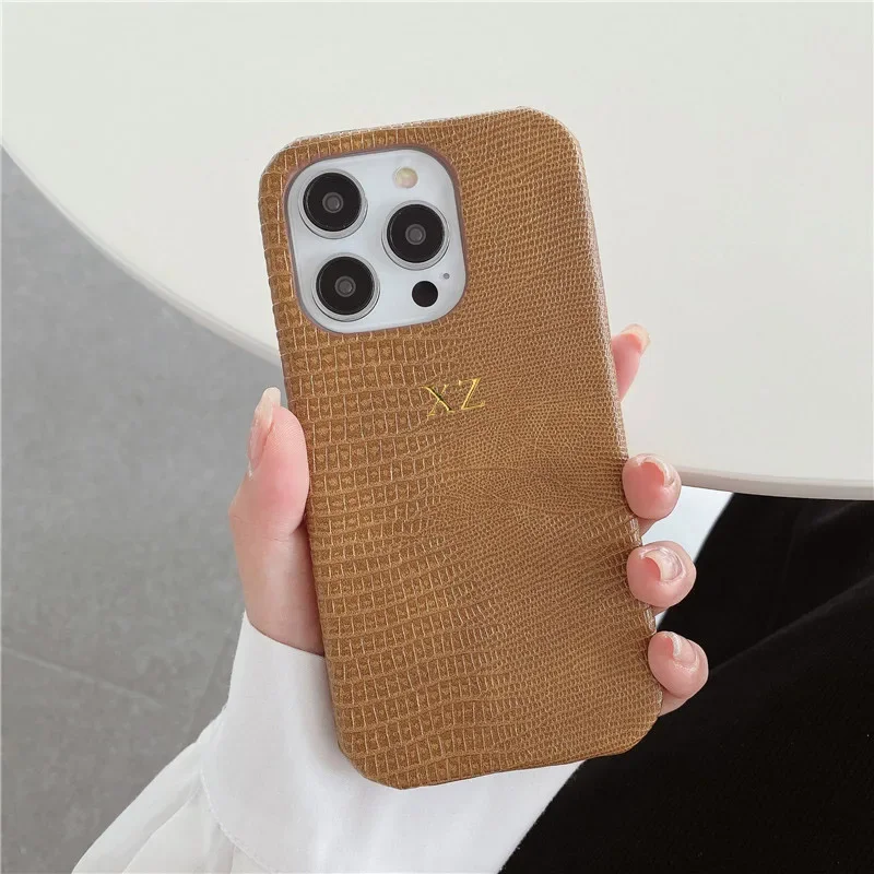 Personalisierte Gold-Initialen Lederhülle für iPhone 17 Pro Max 16 15 14 13 Pro Max Luxuriöse Eidechsen-PU-Hartschale – Detail 15